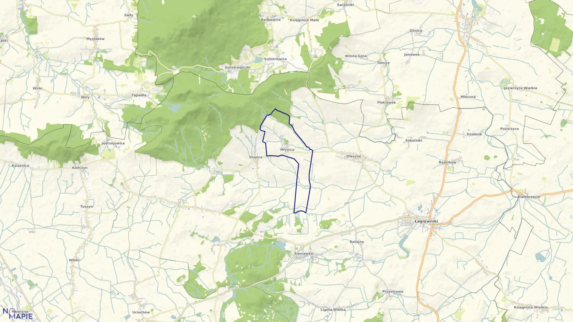 Mapa obrębu MŁYNICA w gminie Łagiewniki