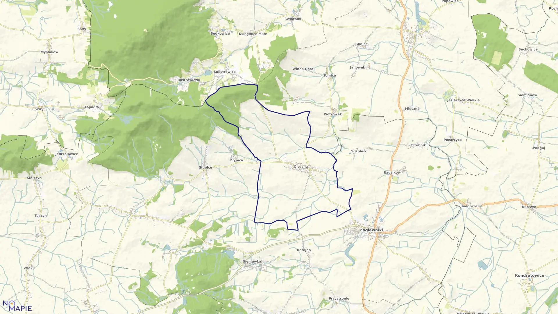 Mapa obrębu OLESZNA w gminie Łagiewniki